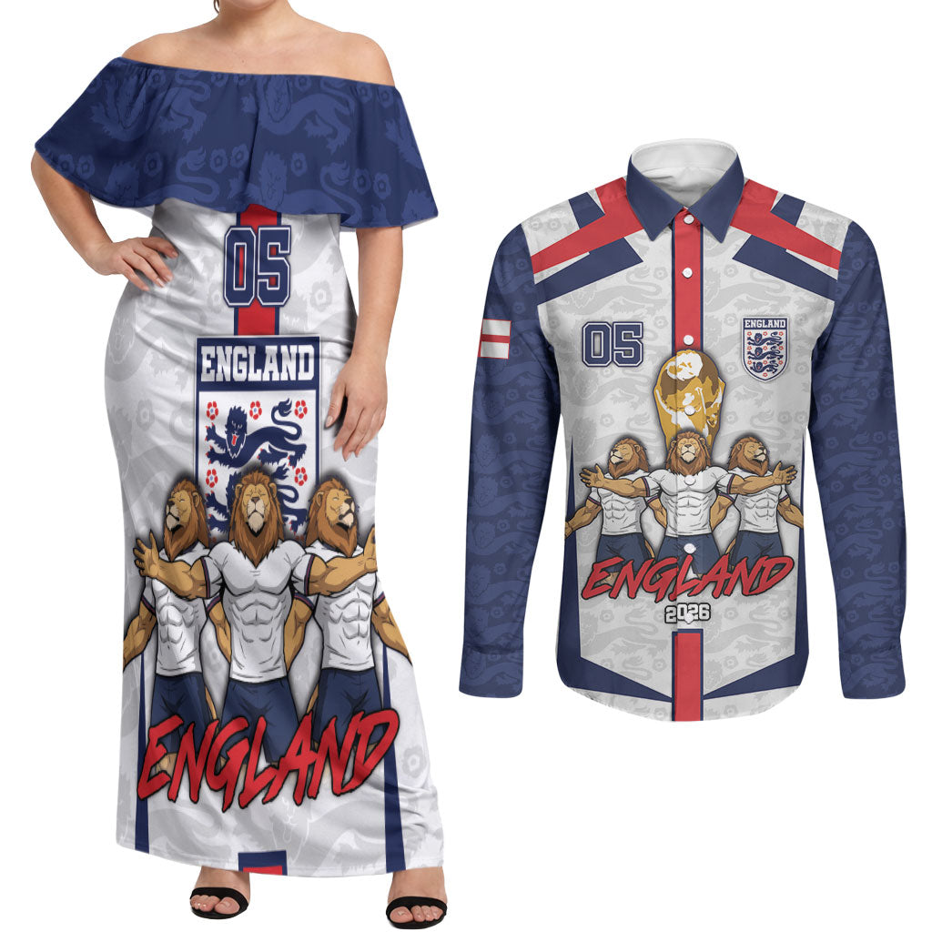 Custom England Football Couples Matching Off Shoulder Maxi Dress and Long Sleeve Button Shirt Three Lions Trophy St George Cross DT05 White - Polynesian Pride