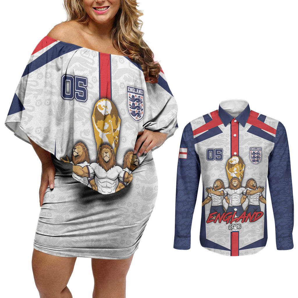 Custom England Football Couples Matching Off Shoulder Short Dress and Long Sleeve Button Shirt Three Lions Trophy St George Cross DT05 White - Polynesian Pride