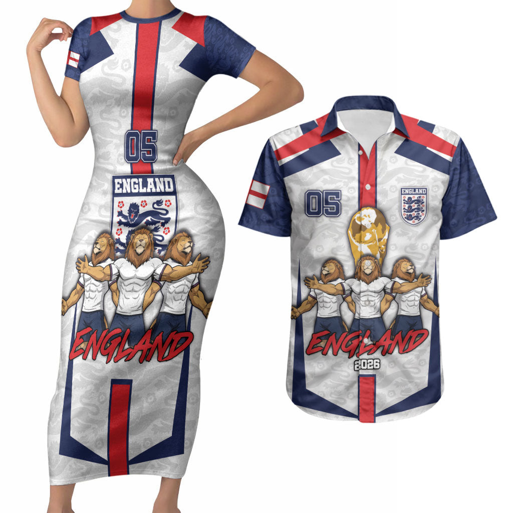 Custom England Football Couples Matching Short Sleeve Bodycon Dress and Hawaiian Shirt Three Lions Trophy St George Cross DT05 White - Polynesian Pride