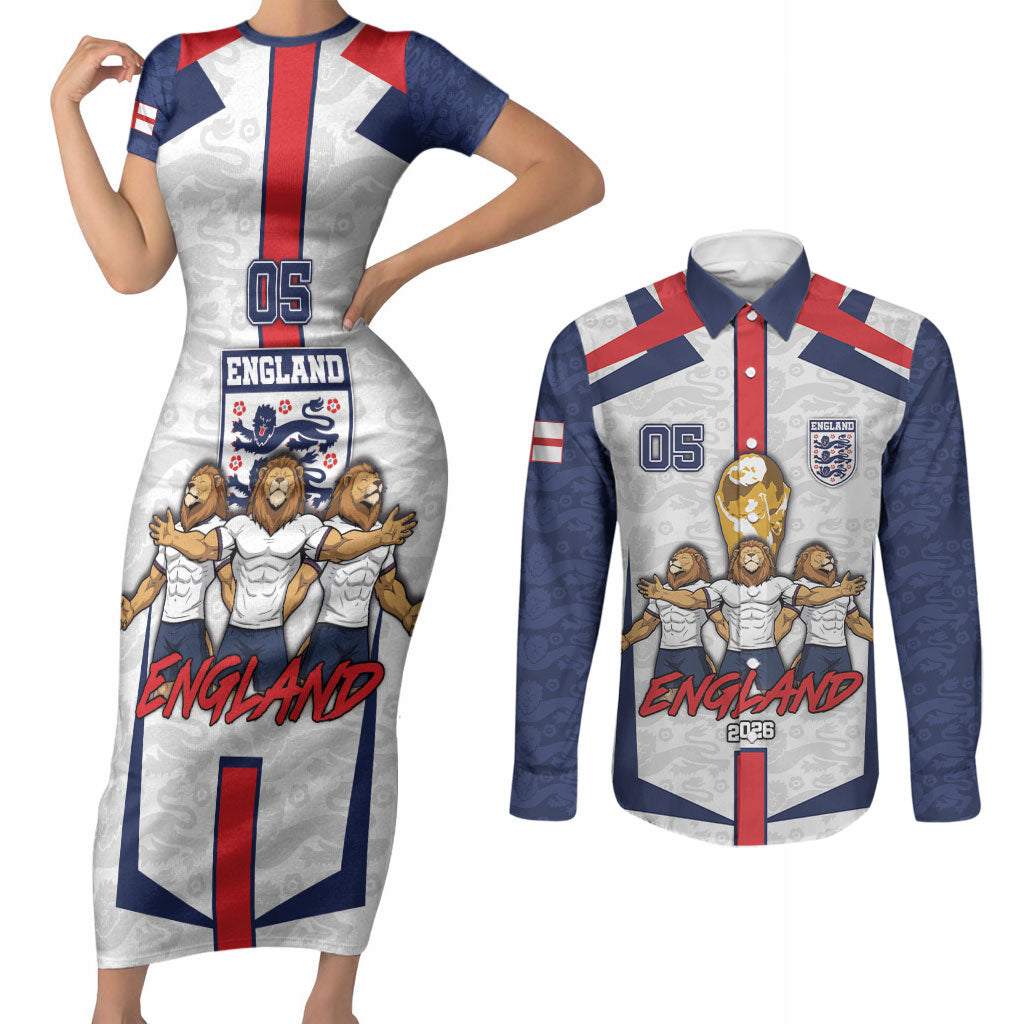 Custom England Football Couples Matching Short Sleeve Bodycon Dress and Long Sleeve Button Shirt Three Lions Trophy St George Cross DT05 White - Polynesian Pride