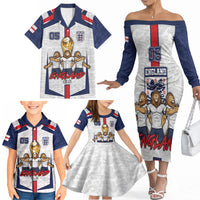 Custom England Football Family Matching Off The Shoulder Long Sleeve Dress and Hawaiian Shirt Three Lions Trophy St George Cross DT05 - Polynesian Pride