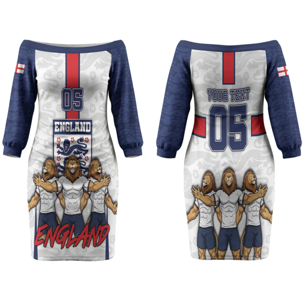 Custom England Football Family Matching Off The Shoulder Long Sleeve Dress and Hawaiian Shirt Three Lions Trophy St George Cross DT05 Mom's Dress White - Polynesian Pride