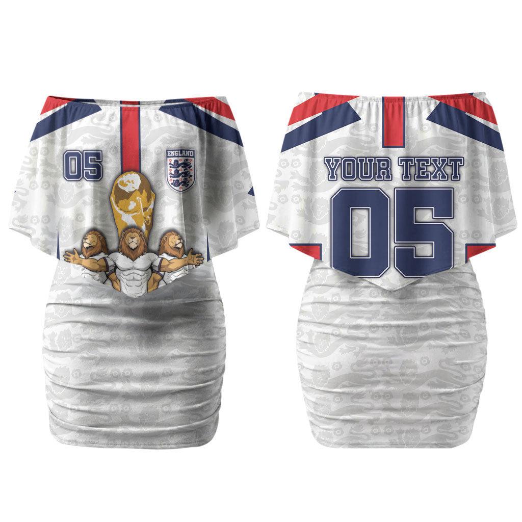 Custom England Football Family Matching Off Shoulder Short Dress and Hawaiian Shirt Three Lions Trophy St George Cross DT05 Mom's Dress White - Polynesian Pride