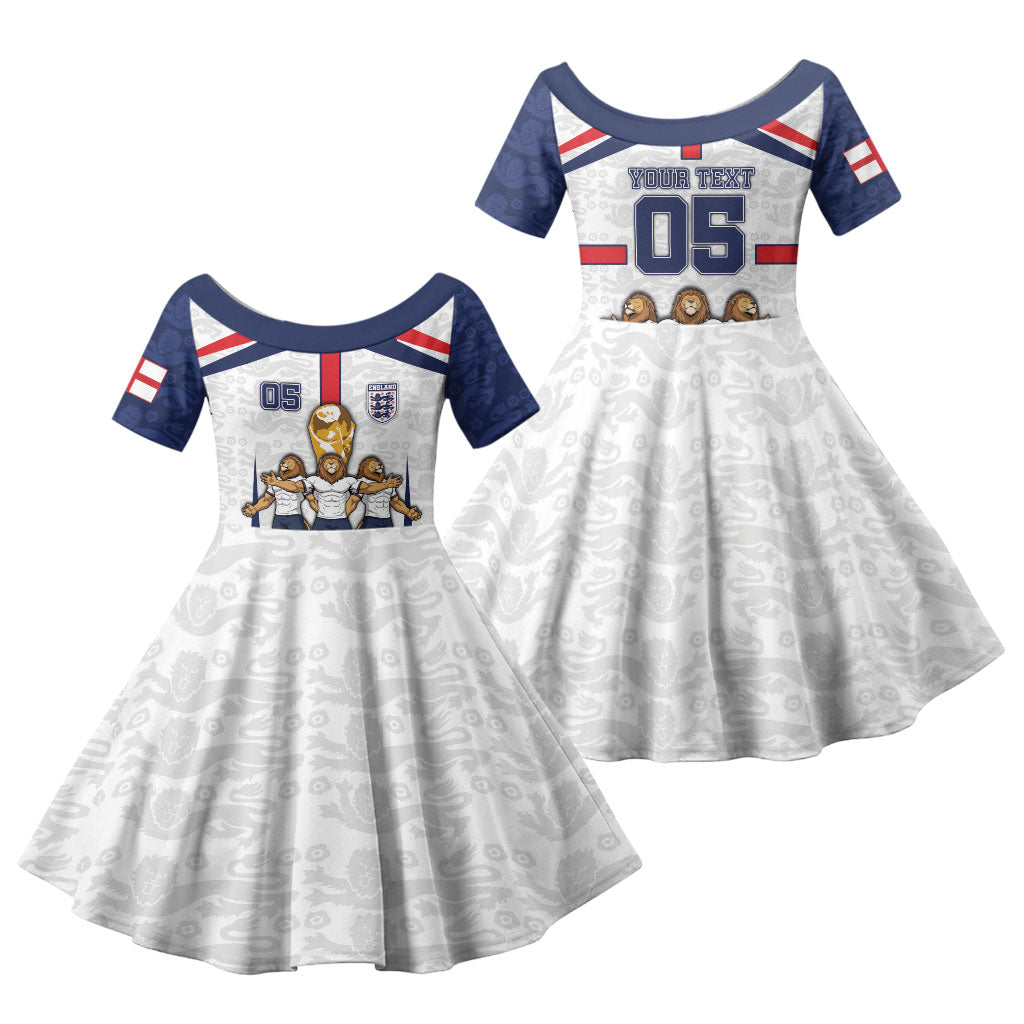 Custom England Football Family Matching Puletasi and Hawaiian Shirt Three Lions Trophy St George Cross DT05 Daughter's Dress White - Polynesian Pride