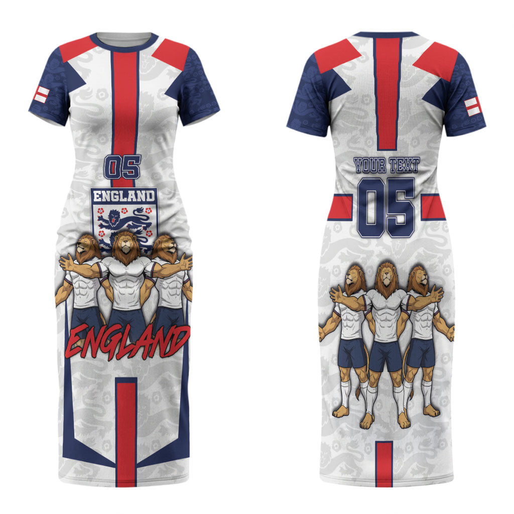 Custom England Football Family Matching Short Sleeve Bodycon Dress and Hawaiian Shirt Three Lions Trophy St George Cross DT05 Mom's Dress White - Polynesian Pride