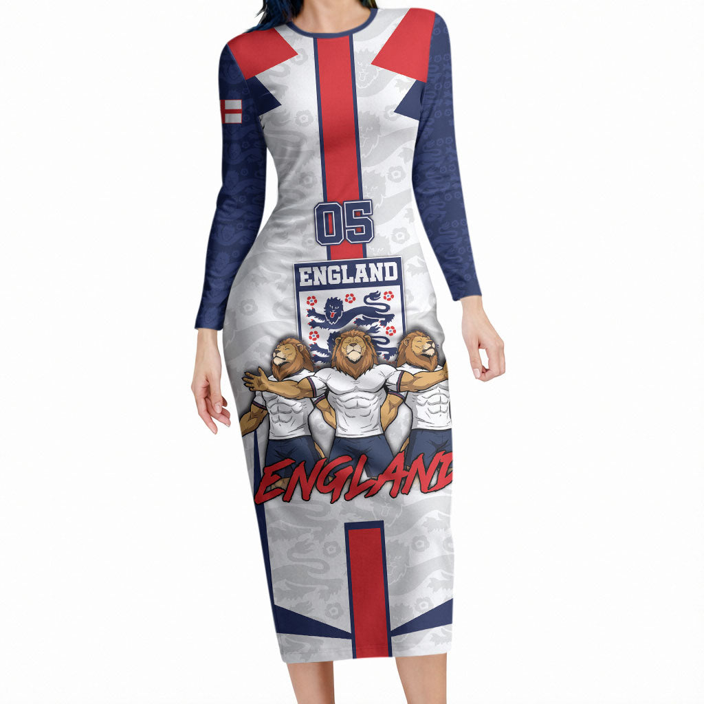 Custom England Football Long Sleeve Bodycon Dress Three Lions Trophy St George Cross