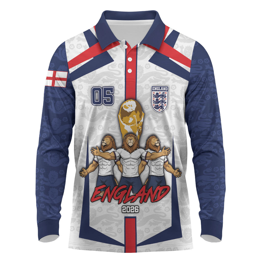Custom England Football Long Sleeve Polo Shirt Three Lions Trophy St George Cross