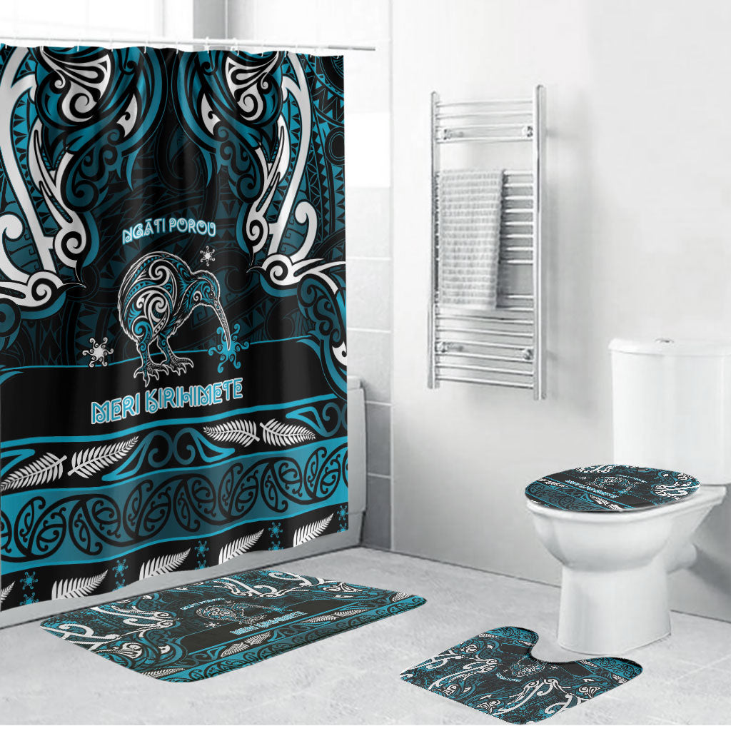 Ngati Porou Aotearoa Meri Kirihimete Bathroom Set Maori Kiwi Bird Silver Fern Koru Pattern DT05 Bathroom Set (4 pcs) Blue - Polynesian Pride