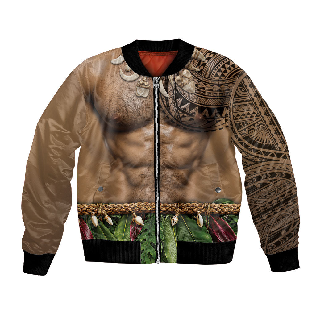 Warrior Muscle Tattoo 3D Funny Graphic Bomber Jacket Six Pack Abs Bone Necklace Leaf Skirt DT05 Unisex Beige - Polynesian Pride