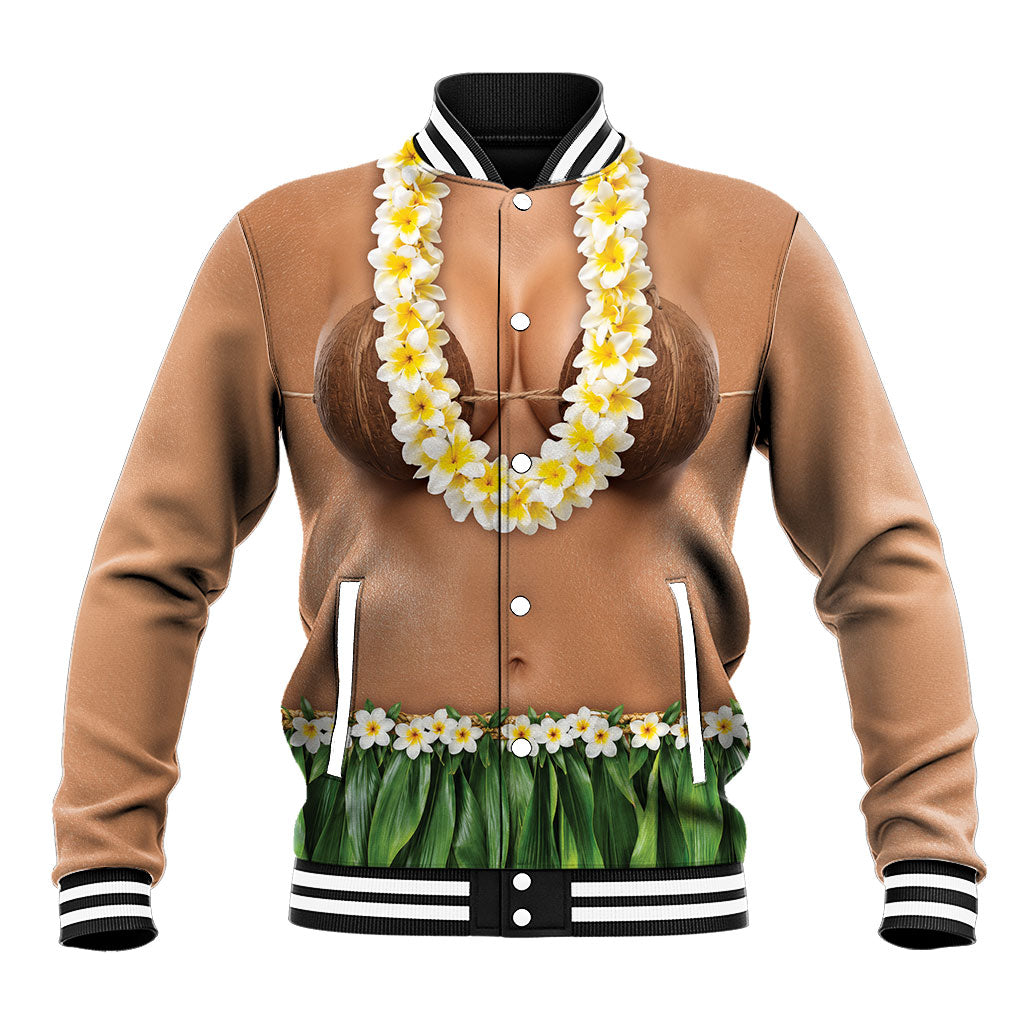 Hawaii Bikini Hula Costume Baseball Jacket Coconut Bra Plumeria Flower Lei Grass Skirt DT05 Unisex Beige - Polynesian Pride
