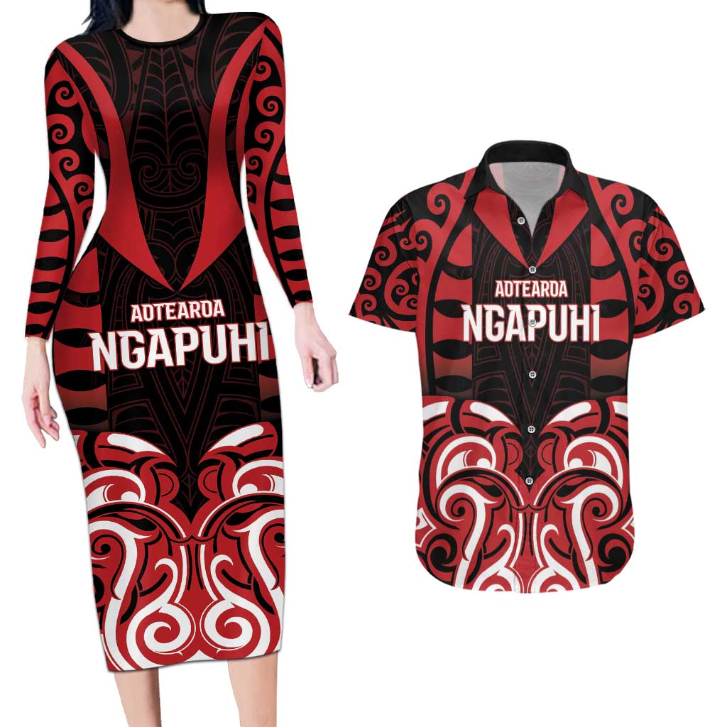 Custom Aotearoa Ngapuhi Couples Matching Long Sleeve Bodycon Dress and Hawaiian Shirt Maori Pattern New Zealand - Polynesian Pride