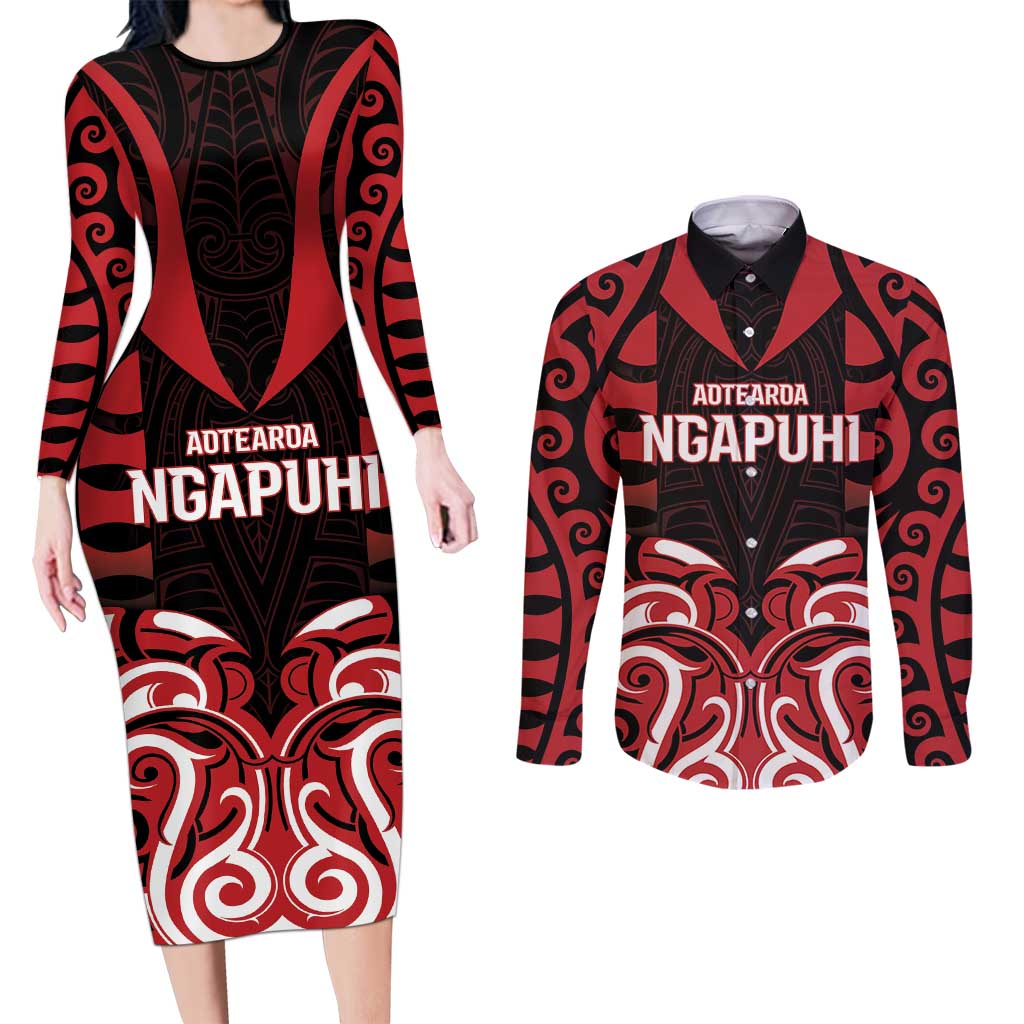 Custom Aotearoa Ngapuhi Couples Matching Long Sleeve Bodycon Dress and Long Sleeve Button Shirt Maori Pattern New Zealand - Polynesian Pride