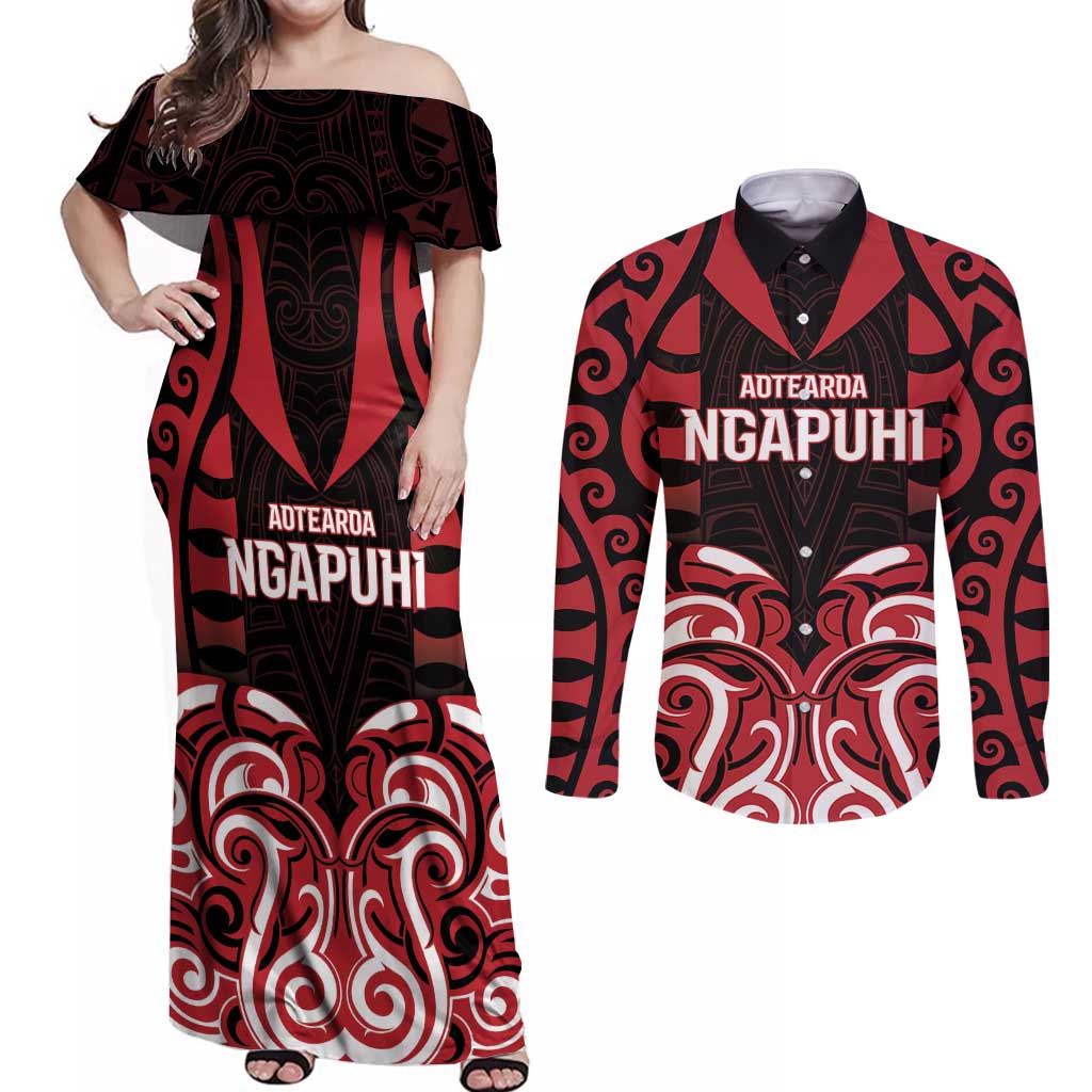 Custom Aotearoa Ngapuhi Couples Matching Off Shoulder Maxi Dress and Long Sleeve Button Shirt Maori Pattern New Zealand - Polynesian Pride