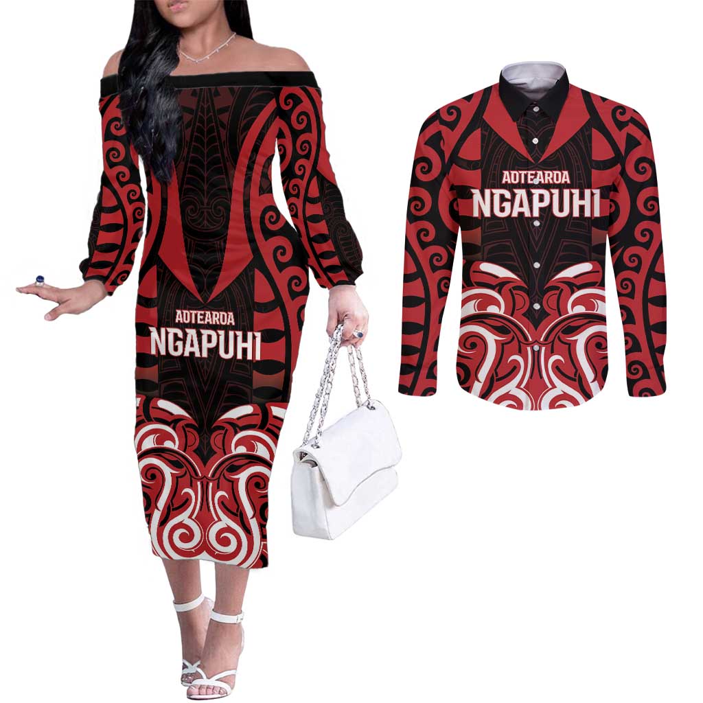 Custom Aotearoa Ngapuhi Couples Matching Off The Shoulder Long Sleeve Dress and Long Sleeve Button Shirt Maori Pattern New Zealand - Polynesian Pride