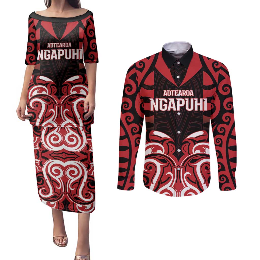 Custom Aotearoa Ngapuhi Couples Matching Puletasi and Long Sleeve Button Shirt Maori Pattern New Zealand - Polynesian Pride