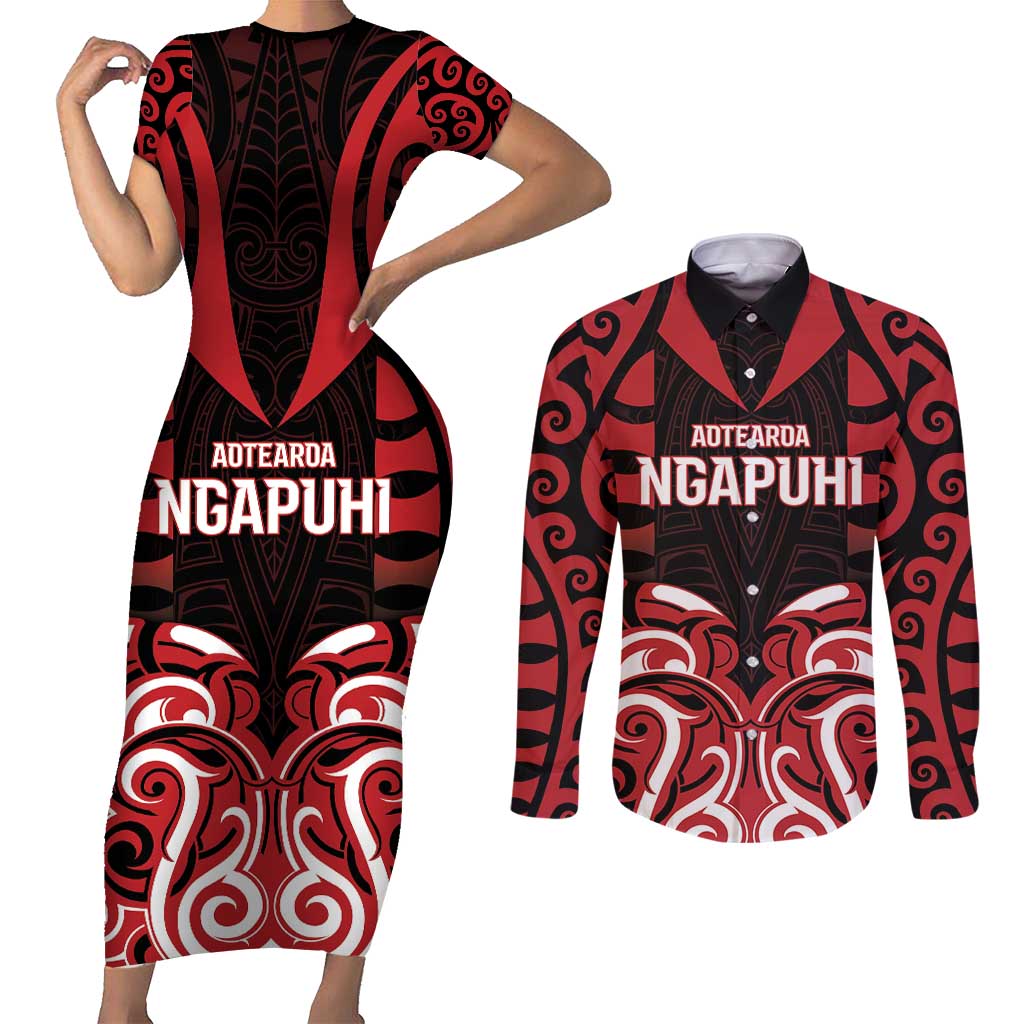Custom Aotearoa Ngapuhi Couples Matching Short Sleeve Bodycon Dress and Long Sleeve Button Shirt Maori Pattern New Zealand - Polynesian Pride