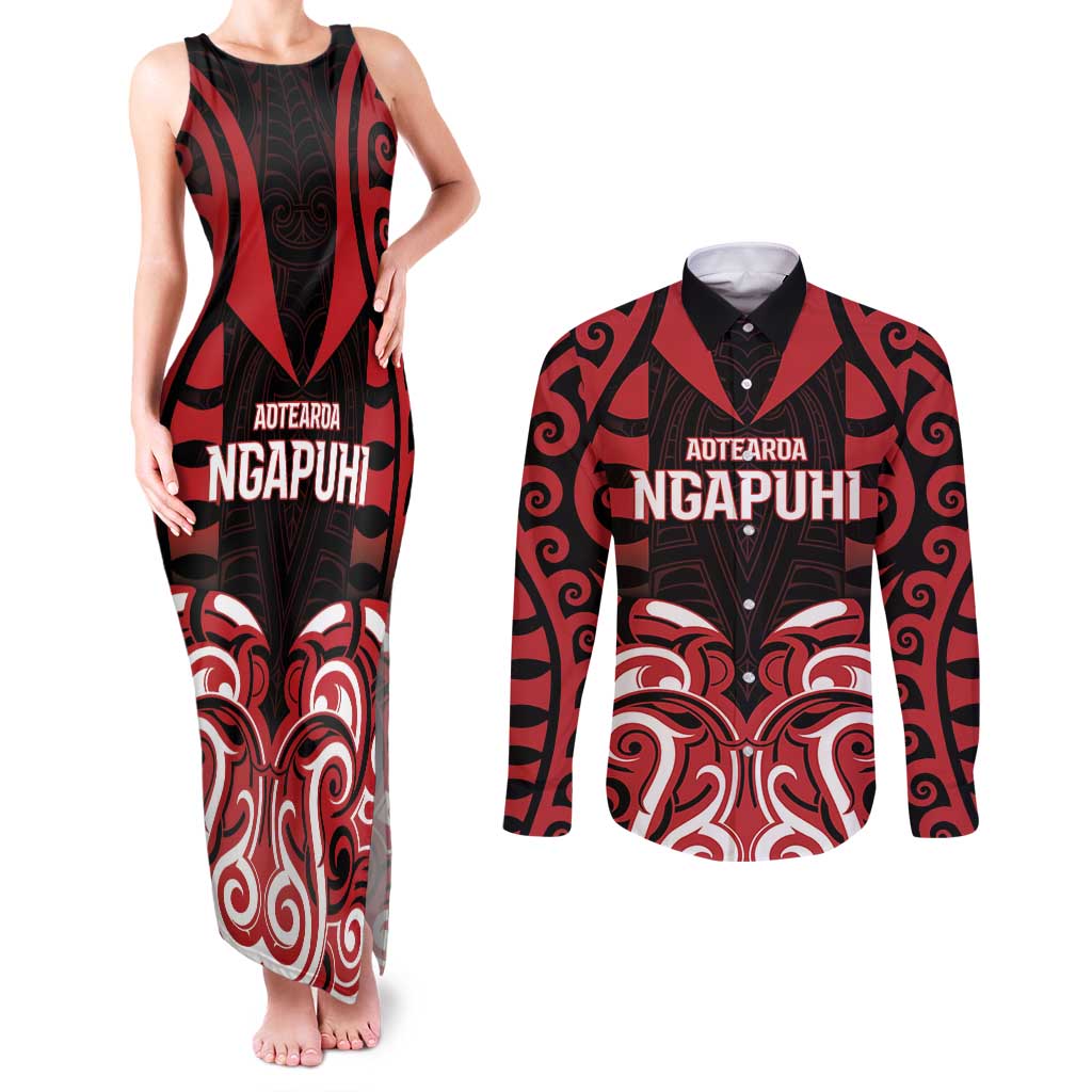 Custom Aotearoa Ngapuhi Couples Matching Tank Maxi Dress and Long Sleeve Button Shirt Maori Pattern New Zealand - Polynesian Pride