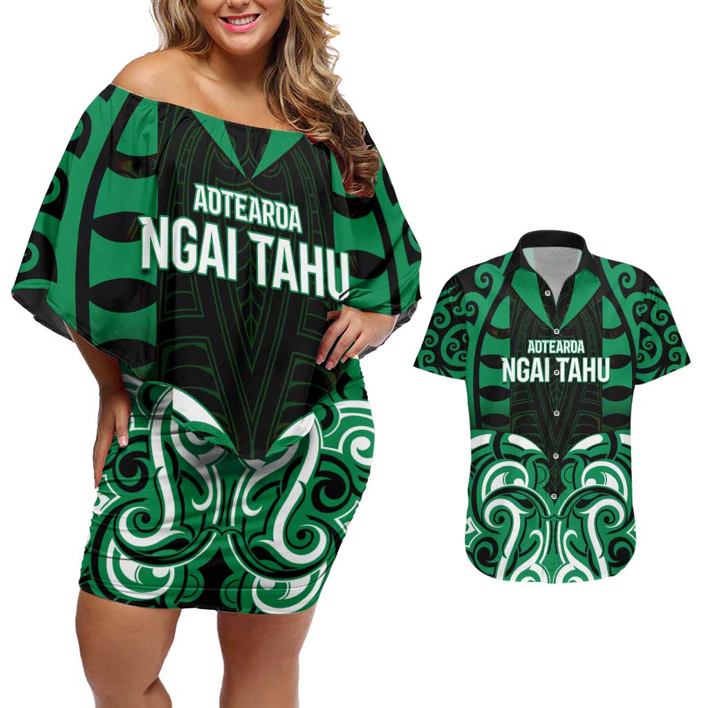 Custom Aotearoa Ngai Tahu Couples Matching Off Shoulder Short Dress and Hawaiian Shirt Maori Pattern New Zealand - Polynesian Pride