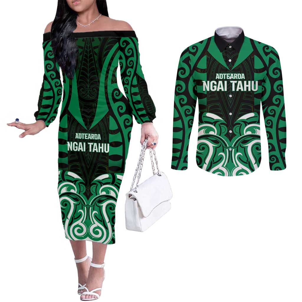 Custom Aotearoa Ngai Tahu Couples Matching Off The Shoulder Long Sleeve Dress and Long Sleeve Button Shirt Maori Pattern New Zealand - Polynesian Pride