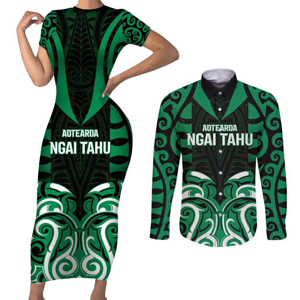 Custom Aotearoa Ngai Tahu Couples Matching Short Sleeve Bodycon Dress and Long Sleeve Button Shirt Maori Pattern New Zealand - Polynesian Pride