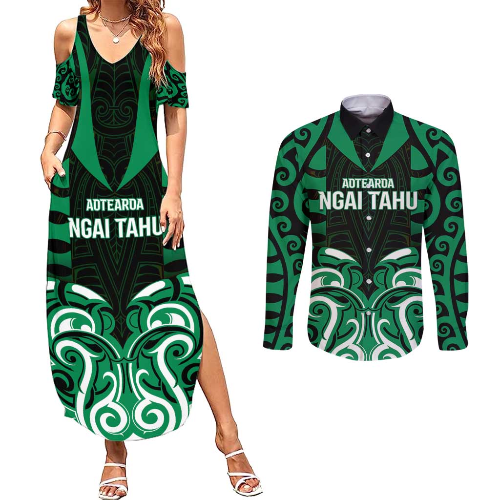 Custom Aotearoa Ngai Tahu Couples Matching Summer Maxi Dress and Long Sleeve Button Shirt Maori Pattern New Zealand - Polynesian Pride