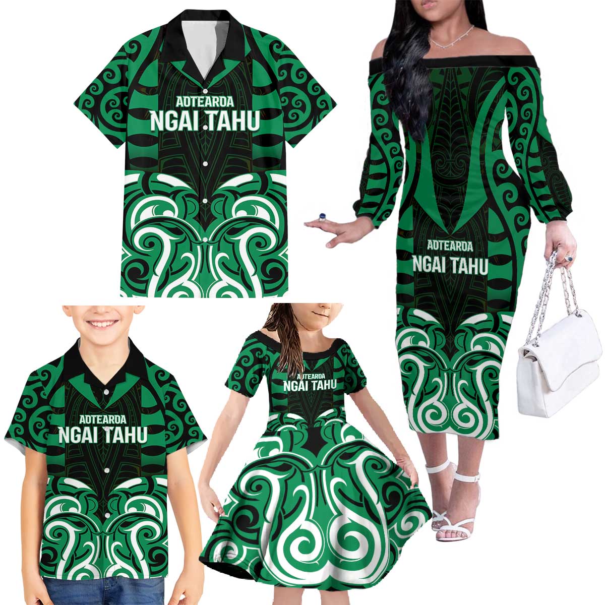 Custom Aotearoa Ngai Tahu Family Matching Off The Shoulder Long Sleeve Dress and Hawaiian Shirt Maori Pattern New Zealand - Polynesian Pride