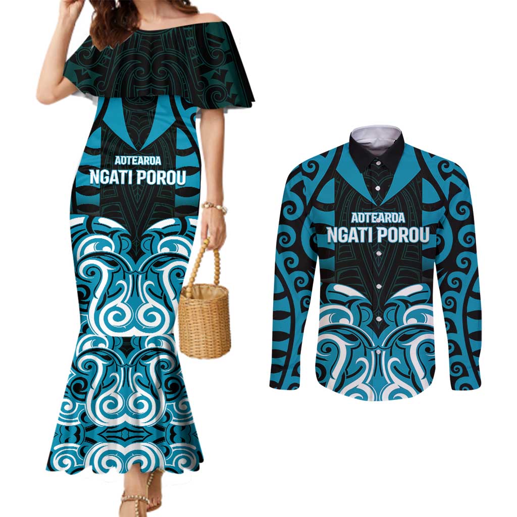 Custom Aotearoa Ngati Porou Couples Matching Mermaid Dress and Long Sleeve Button Shirt Maori Pattern New Zealand - Polynesian Pride