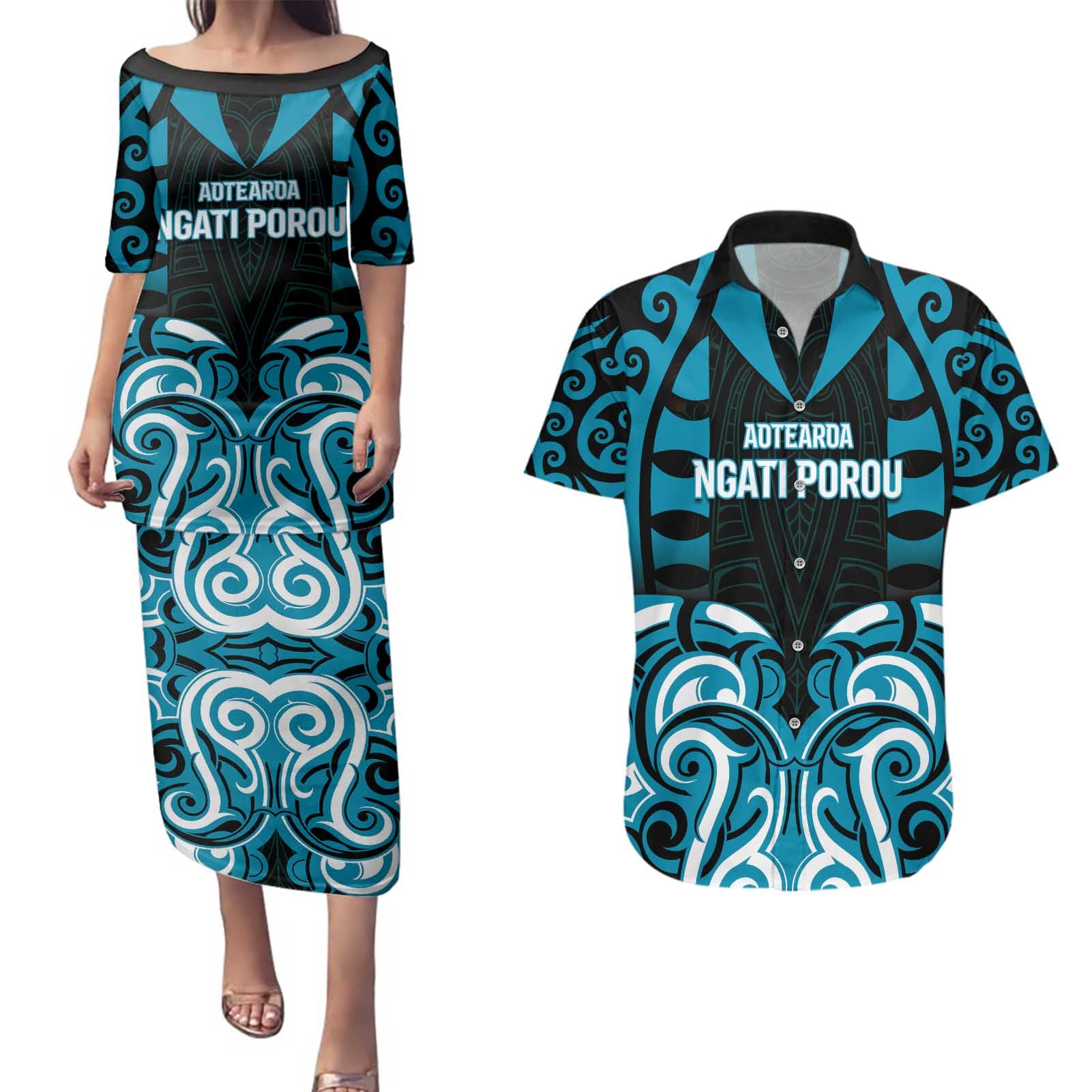 Custom Aotearoa Ngati Porou Couples Matching Puletasi and Hawaiian Shirt Maori Pattern New Zealand - Polynesian Pride