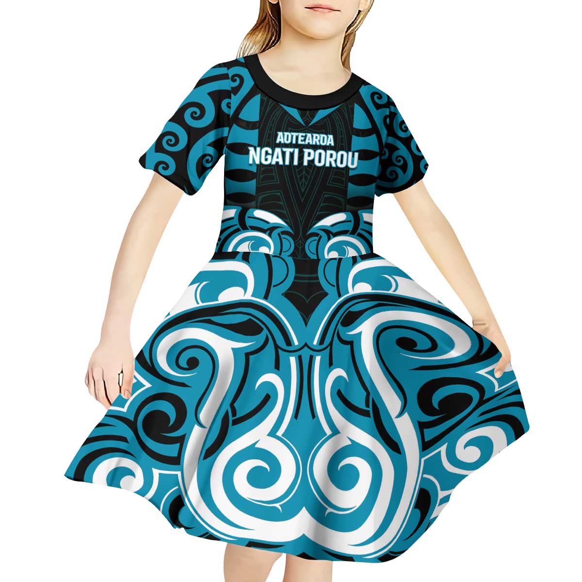 Custom Aotearoa Ngati Porou Kid Short Sleeve Dress Maori Pattern New Zealand - Polynesian Pride