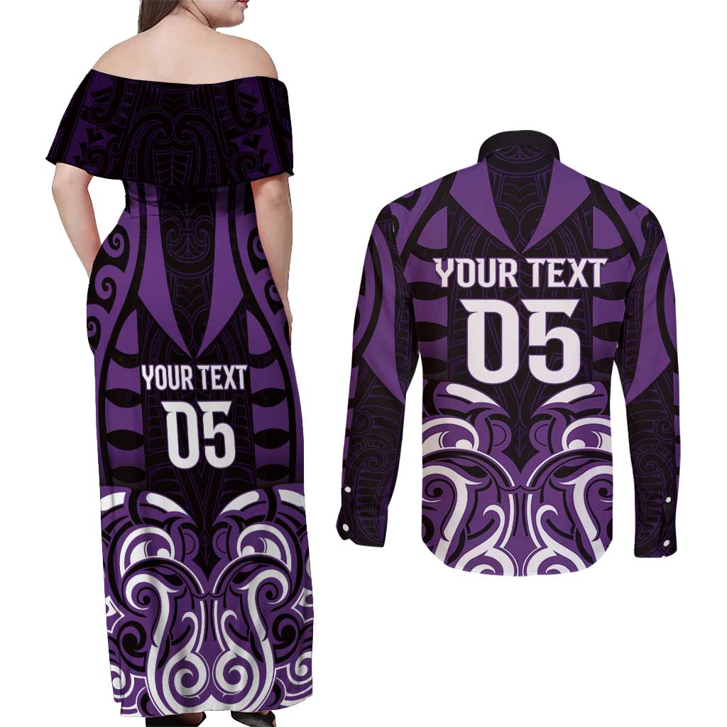 Custom Aotearoa Rangitane Couples Matching Off Shoulder Maxi Dress and Long Sleeve Button Shirt Maori Pattern New Zealand - Polynesian Pride