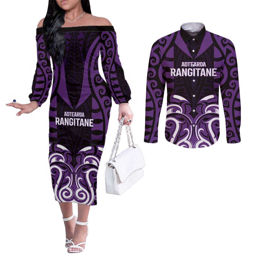 Custom Aotearoa Rangitane Couples Matching Off The Shoulder Long Sleeve Dress and Long Sleeve Button Shirt Maori Pattern New Zealand - Polynesian Pride