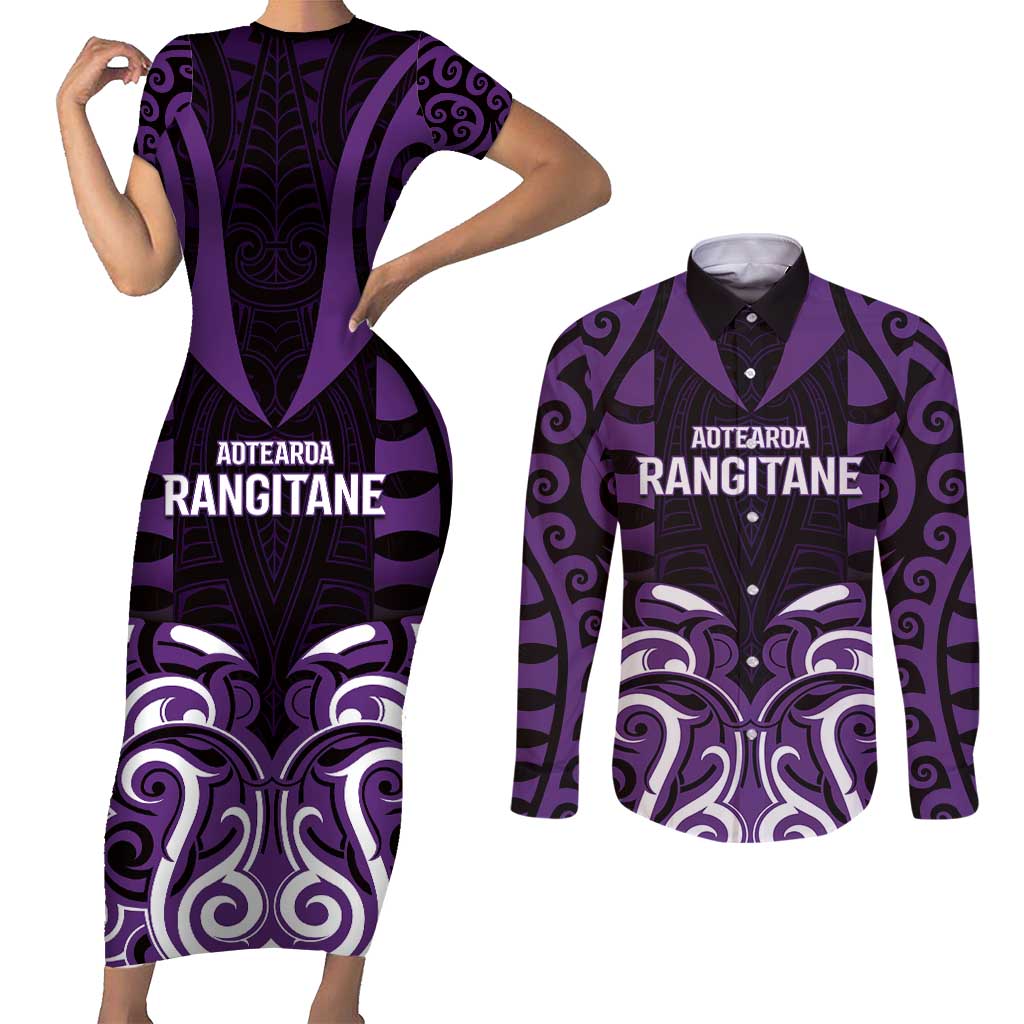 Custom Aotearoa Rangitane Couples Matching Short Sleeve Bodycon Dress and Long Sleeve Button Shirt Maori Pattern New Zealand - Polynesian Pride