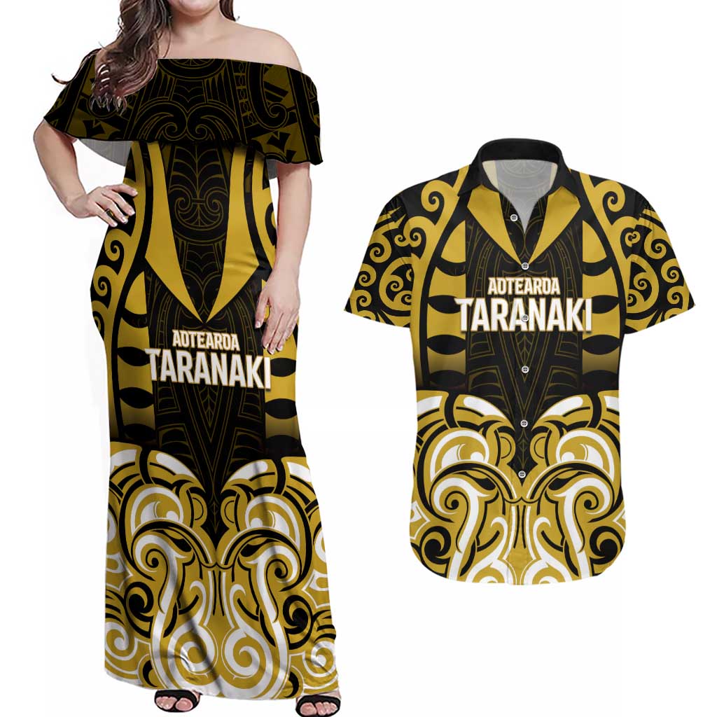 Custom Aotearoa Taranaki Couples Matching Off Shoulder Maxi Dress and Hawaiian Shirt Maori Pattern New Zealand - Polynesian Pride