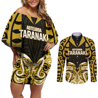 Custom Aotearoa Taranaki Couples Matching Off Shoulder Short Dress and Long Sleeve Button Shirt Maori Pattern New Zealand - Polynesian Pride