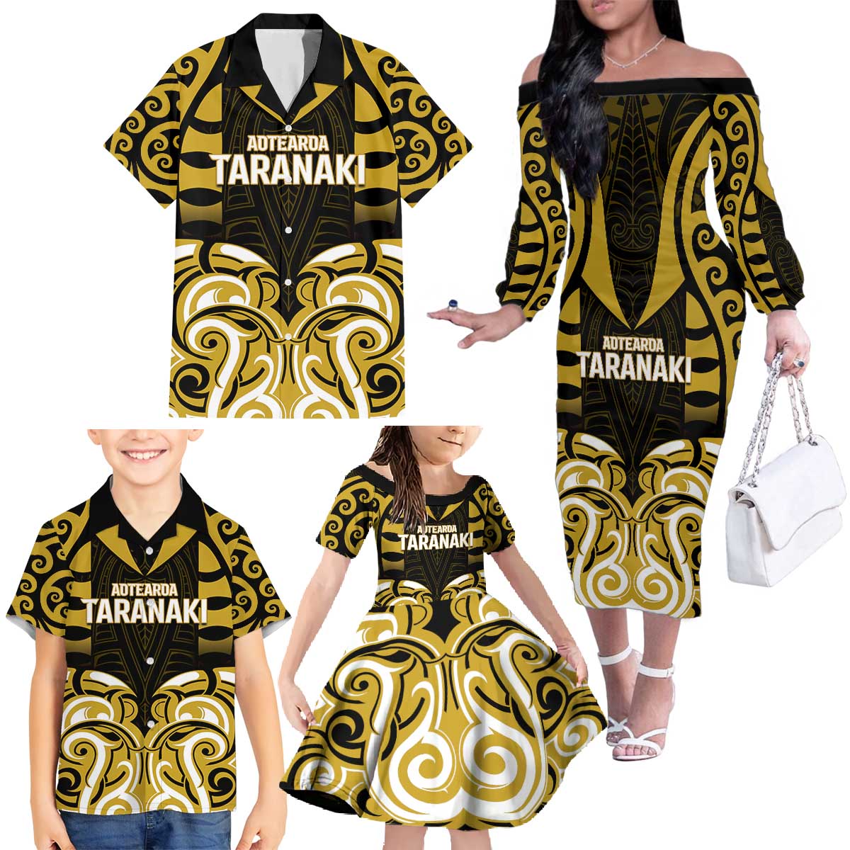 Custom Aotearoa Taranaki Family Matching Off The Shoulder Long Sleeve Dress and Hawaiian Shirt Maori Pattern New Zealand - Polynesian Pride