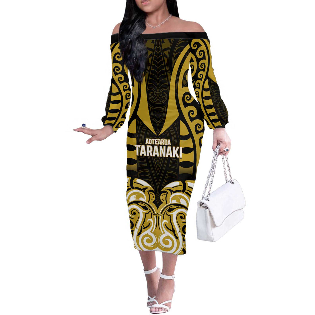 Custom Aotearoa Taranaki Off The Shoulder Long Sleeve Dress Maori Pattern New Zealand - Polynesian Pride