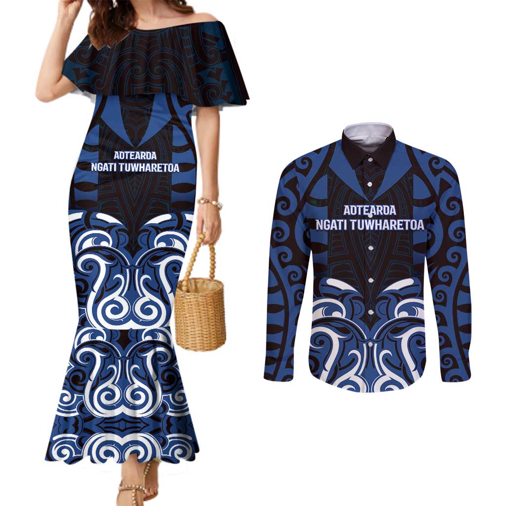 Custom Aotearoa Ngati Tuwharetoa Couples Matching Mermaid Dress and Long Sleeve Button Shirt Maori Pattern New Zealand - Polynesian Pride