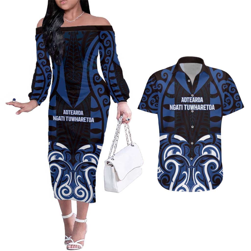 Custom Aotearoa Ngati Tuwharetoa Couples Matching Off The Shoulder Long Sleeve Dress and Hawaiian Shirt Maori Pattern New Zealand - Polynesian Pride