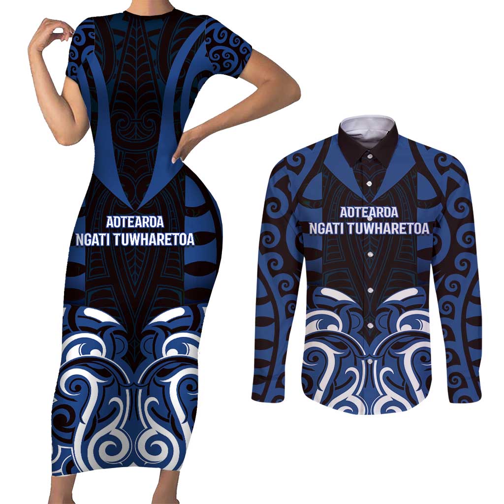 Custom Aotearoa Ngati Tuwharetoa Couples Matching Short Sleeve Bodycon Dress and Long Sleeve Button Shirt Maori Pattern New Zealand - Polynesian Pride