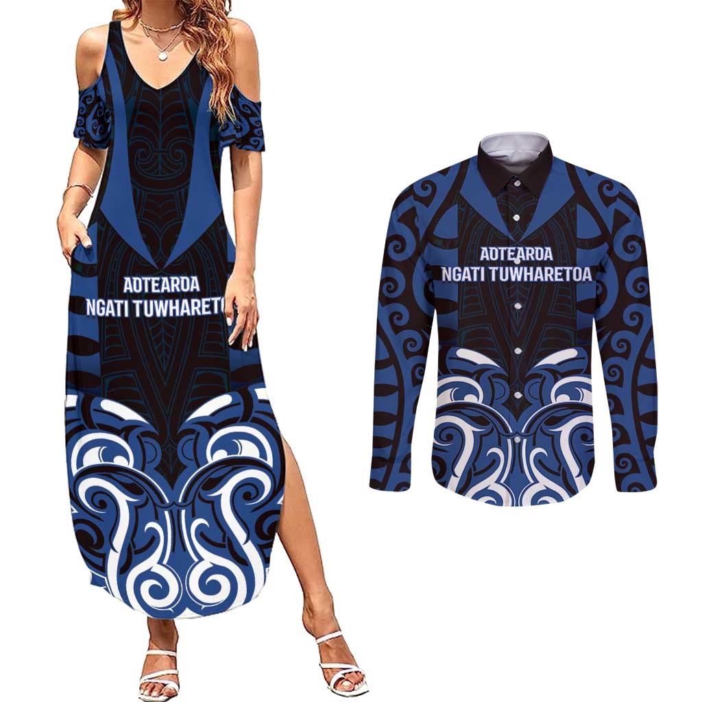 Custom Aotearoa Ngati Tuwharetoa Couples Matching Summer Maxi Dress and Long Sleeve Button Shirt Maori Pattern New Zealand - Polynesian Pride