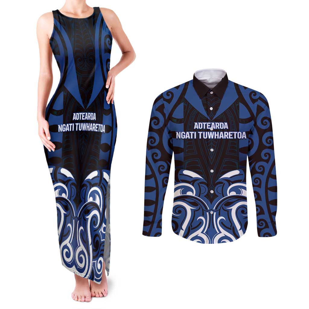 Custom Aotearoa Ngati Tuwharetoa Couples Matching Tank Maxi Dress and Long Sleeve Button Shirt Maori Pattern New Zealand - Polynesian Pride