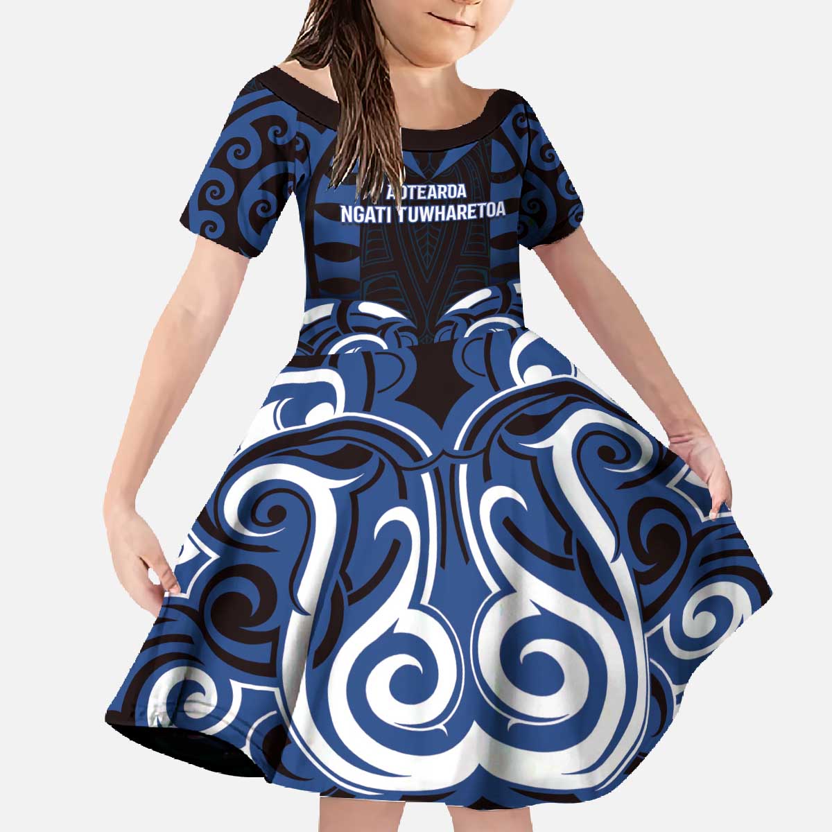 Custom Aotearoa Ngati Tuwharetoa Family Matching Off The Shoulder Long Sleeve Dress and Hawaiian Shirt Maori Pattern New Zealand - Polynesian Pride