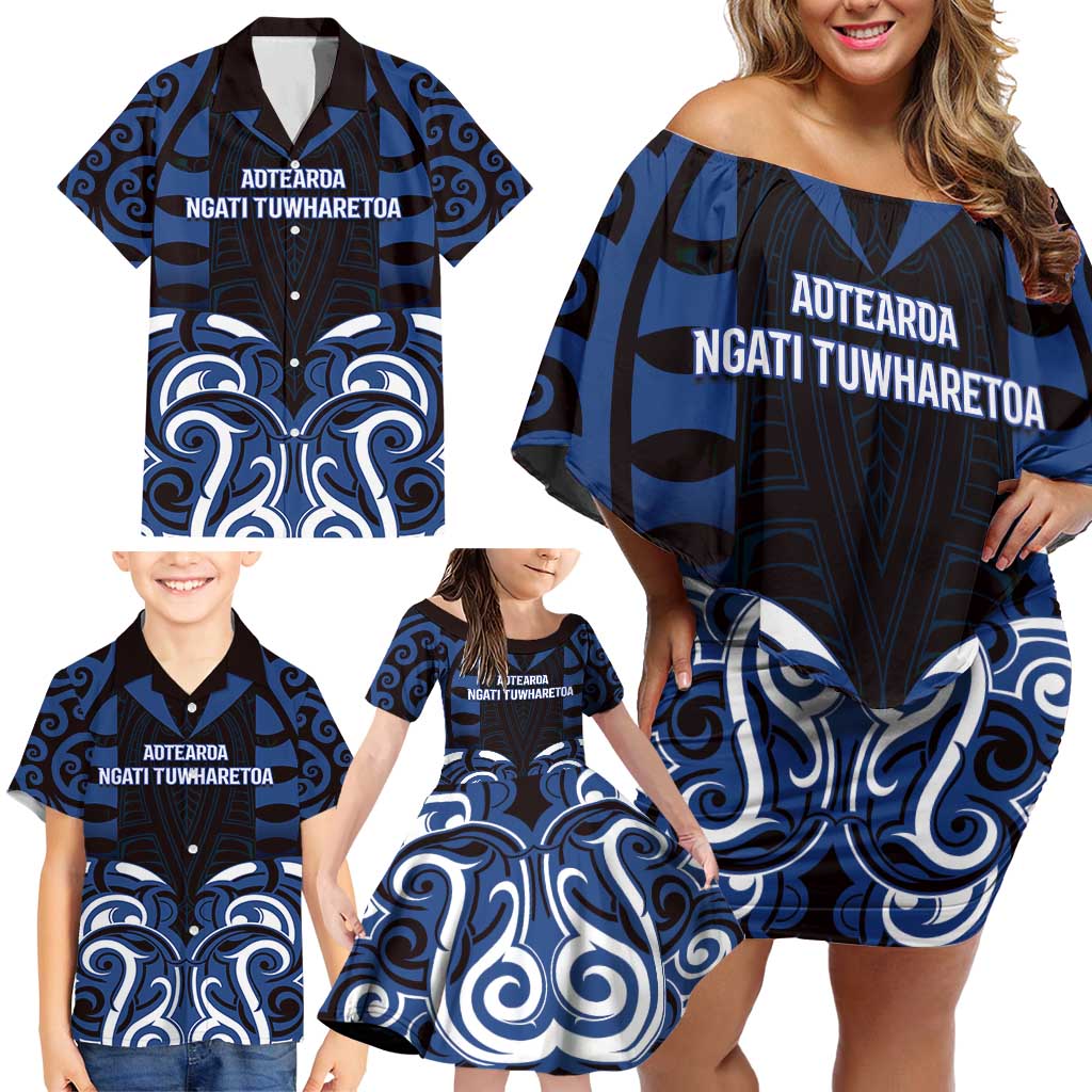 Custom Aotearoa Ngati Tuwharetoa Family Matching Off Shoulder Short Dress and Hawaiian Shirt Maori Pattern New Zealand - Polynesian Pride