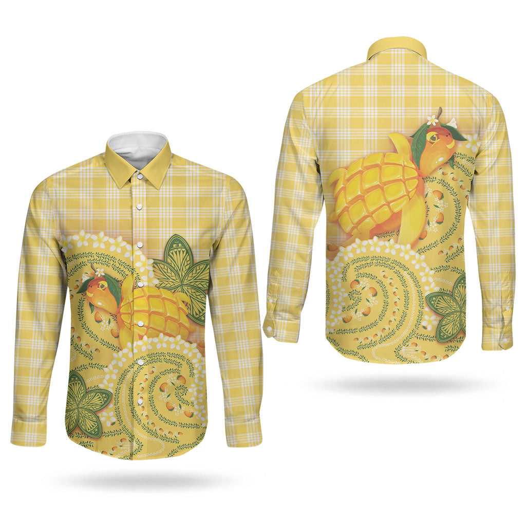 Hawaii Palaka Couples Matching Long Sleeve Bodycon Dress and Long Sleeve Button Shirt Cute Ripe Mango Turtle On The Waves