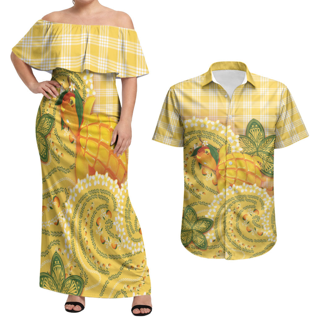 Hawaii Palaka Couples Matching Off Shoulder Maxi Dress and Hawaiian Shirt Cute Ripe Mango Turtle On The Waves DT05 Yellow - Polynesian Pride