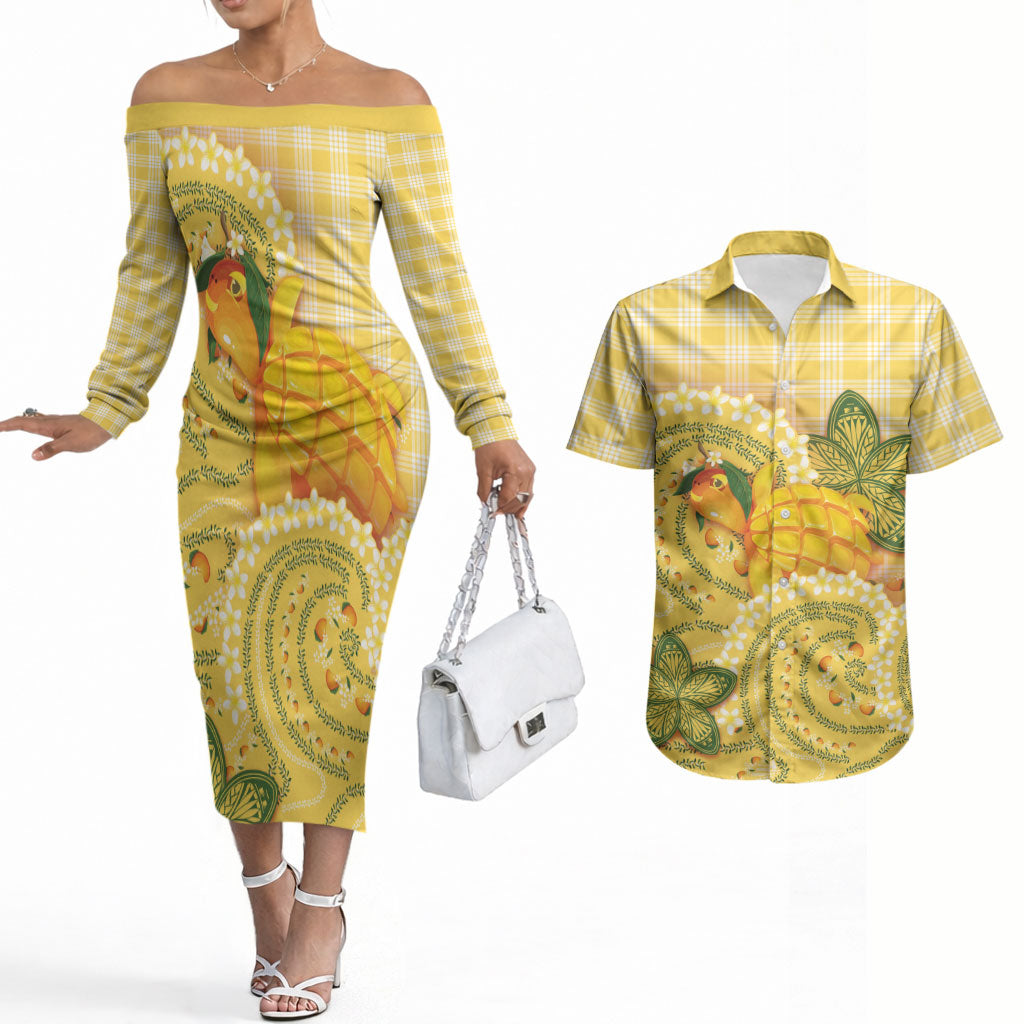Hawaii Palaka Couples Matching Off The Shoulder Long Sleeve Dress and Hawaiian Shirt Cute Ripe Mango Turtle On The Waves DT05 Yellow - Polynesian Pride