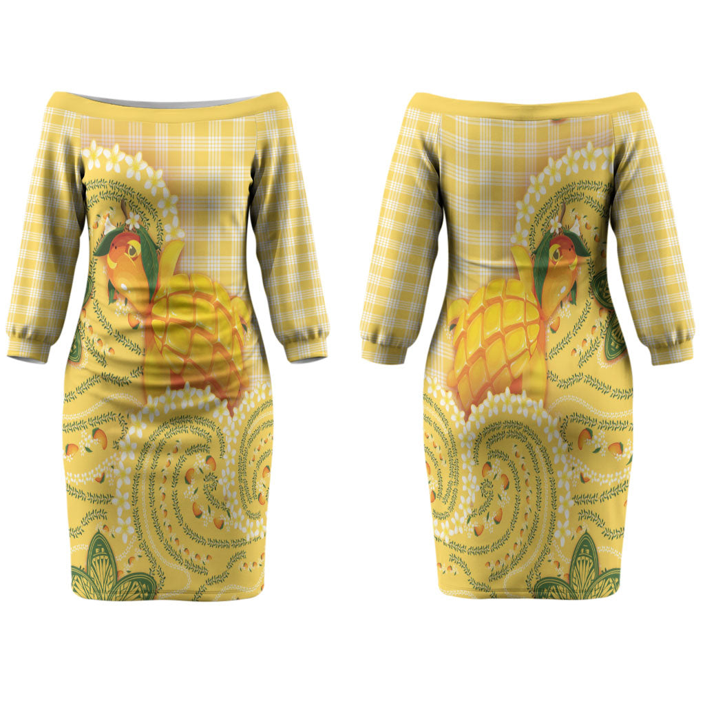 Hawaii Palaka Family Matching Off The Shoulder Long Sleeve Dress and Hawaiian Shirt Cute Ripe Mango Turtle On The Waves DT05 Mom's Dress Yellow - Polynesian Pride