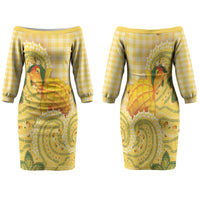 Hawaii Palaka Family Matching Off The Shoulder Long Sleeve Dress and Hawaiian Shirt Cute Ripe Mango Turtle On The Waves DT05 Mom's Dress Yellow - Polynesian Pride