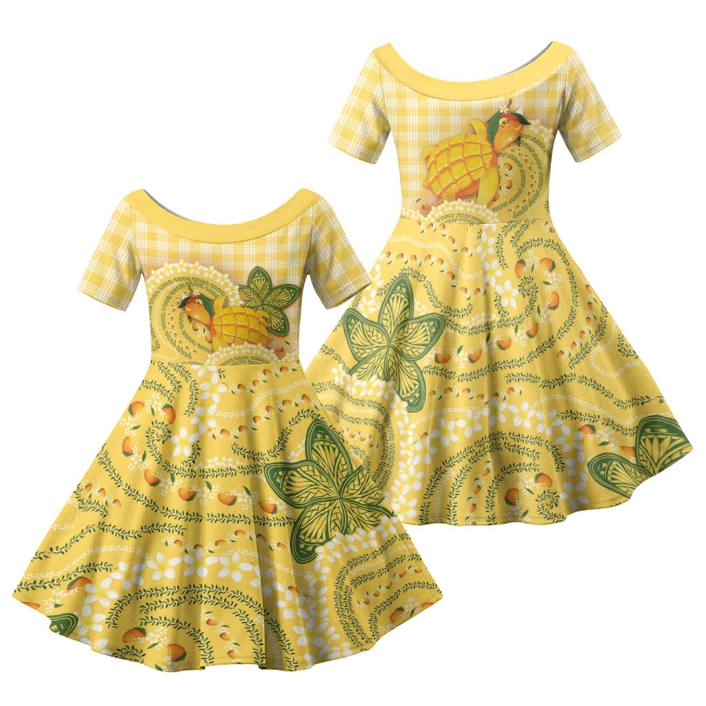 Hawaii Palaka Family Matching Off Shoulder Maxi Dress and Hawaiian Shirt Cute Ripe Mango Turtle On The Waves DT05 Daughter's Dress Yellow - Polynesian Pride