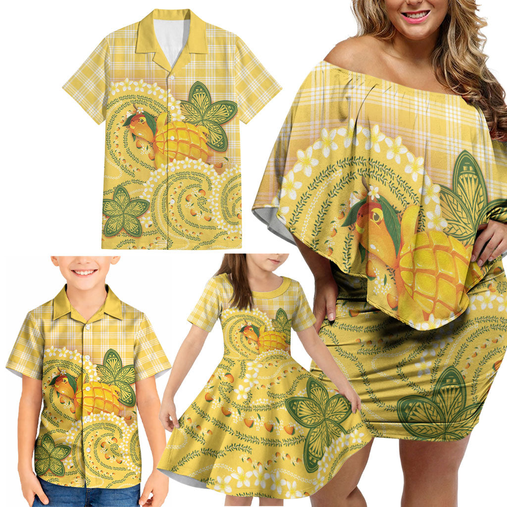 Hawaii Palaka Family Matching Off Shoulder Short Dress and Hawaiian Shirt Cute Ripe Mango Turtle On The Waves DT05 - Polynesian Pride